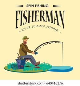 Flat fisherman hat sits on shore with fishing rod in hand and catches bucket and net, Fishman crocheted spin into the water and waiting big fish funny vector illustration, Man active banner concept