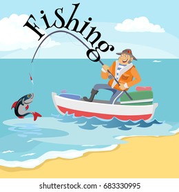 Flat fisherman hat sits on boat with trolling fishing rod in hand and catches bucket, Fishman crocheted spin into the sea waiting big fish funny vector illustration, Man active banner concept.