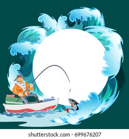 Flat fisherman hat sits on boat with trolling fishing rod in hand and catches bucket, Fishman crocheted spin into the sea waiting big fish funny vector illustration, Man active banner concept.