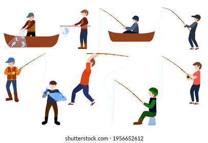 Flat fisherman icon. Fishing holding fish and fishing equipment. Hobby and leisure in the summer.Vektor illustration 