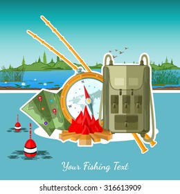 flat fishing background with fishing accessories on river landscape 