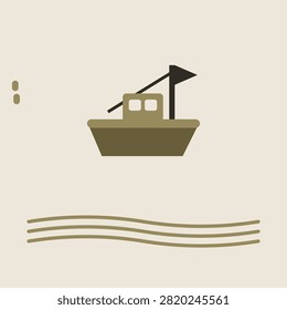 Flat fishing boat icon featuring a fishing boat in terracotta colors, geometric vector maritime artwork for coastal industry and port graphics.