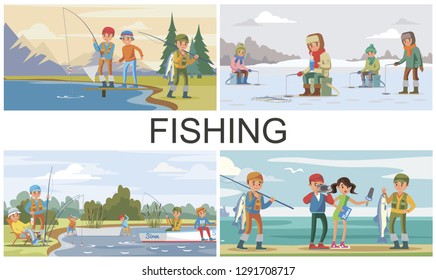 Flat fishing hobby composition with summer and winter fishing and reporter interview fisher who caught big fish vector illustration