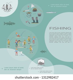 Flat fishing hobby template with fishers in different situations landing net float knife boots chair fishing rod hat cooking pot vector illustration