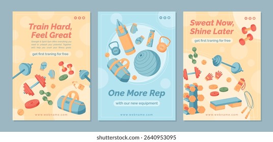 Flat fitness banner design with gym equipment set. Dumbbells, kettlebells, and accessories for exercise and training. Vibrant background set for sport workout promotion.