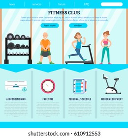 Flat fitness club web page template with athletic healthy people and advantages of gym vector illustration