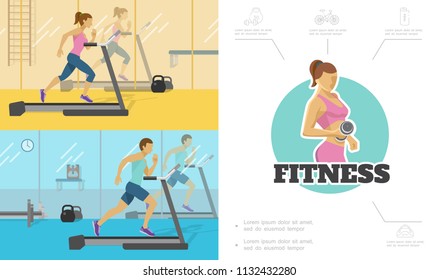 Flat fitness composition with man amd woman running on treadmill in gym athele lifting dumbbell sport icons vector illustration