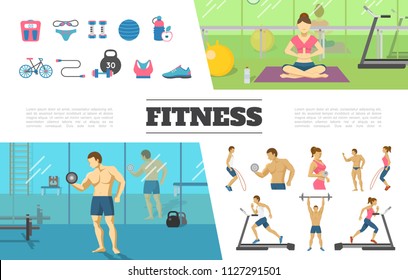Flat fitness elements collection with man and woman doing physical exercises in gym scale sportswear ball dumbbells bottle bicycle weight vector illustration