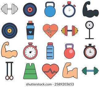 Flat Fitness and Gym Icons Set - Workout, Weightlifting, and Health Illustrations