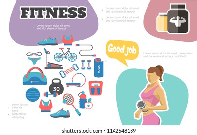 Flat fitness infographic concept with woman lifting dumbbell sportive nutrition sportswear bicycle treadmill scales ball tennis racket bottle jump rope vector illustration