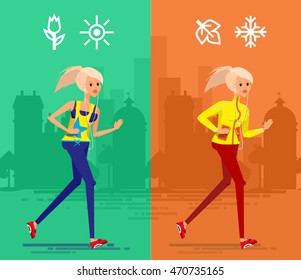 Flat fitness run vector people design. Young adult woman running all seasons. Summer, spring warm season sport fashion. Winter, fall cold season clothes outfit with earphones