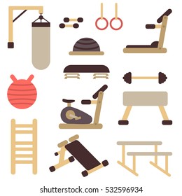 Flat fitness sport gym exercise equipment. Workout flat gym equipment set. Vector colorful template gym and fitness healthy exercise design. Exercise lifestyle workout sport training. club.