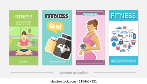 Flat fitness vertical banners with athletic women sportive nutrition sportswear sport equipment scales bicycle tennis racket vector illustration