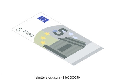 Flat five euro banknote in isometric view isolated on white