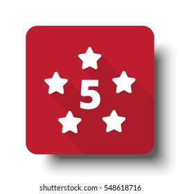 Flat Five Star web icon on red button with drop shadow