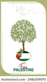 Flat flag of Palestine and  hand drawn olive tree