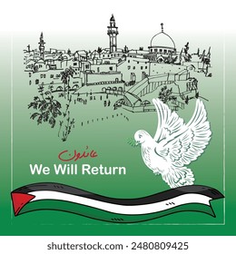 Flat flag of Palestine and old houses drawn by hand