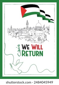 Flat flag of Palestine and old houses drawn by hand
