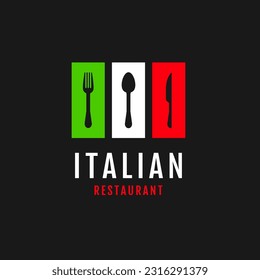 Flat flags color italy with food spoon fork knife logo design vector illustration symbol icon