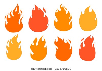 Flat Flame Silhouette Icon Collection. A bold collection of 8 flat flame silhouettes in vibrant red orange and yellow tones featuring smooth curves sharp flicks. Perfect for stickers heat visuals