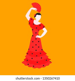 Flat flamenco dance vector illustration, traditional dancer in national spanish costume. Performance dancing in Spain.