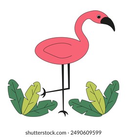 Flat flamingo isolated white. Exotic bird in trendy flat style. Summer art can used dress, fabric decor. Simple vector aesthetic. Editable stroke. EPS 10
