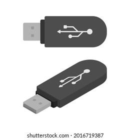 Flat Flashdisk And 3D Isometric Flashdisk in different views: top view and side view isolated on white background. USB memory with USB symbol in flat rounded cartoon style