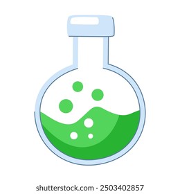 Flat flask with green liquid. Flask with potion or poison. Manual for chemistry lesson and chemical experiments. White background.