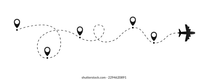 Flat flight path. Stopover travel. The path to the location on the plane. Tourist path, flight route. Vector illustration.