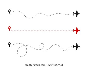 Ruta plana de vuelo. Viaje con diferentes opciones de itinerario. Ruta a la ubicación en el plano. Ruta turística, ruta de vuelo. Ilustración vectorial.