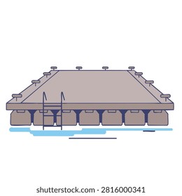 A flat floating dock or swim platform made of modular plastic segments with an attached metal ladder for water access.