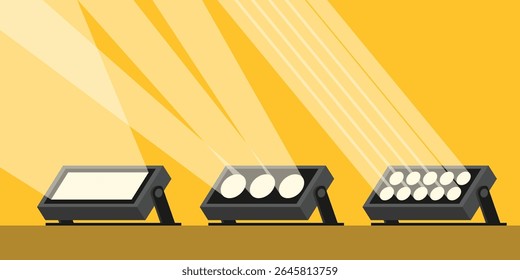 Palco de piso plano holofote ilustração vetor com luzes de feixe de LED para desempenho de concerto, modelo de pôster, elemento de UI, gráfico escalável e editável