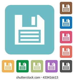 Flat floppy disk icons on rounded square color backgrounds.