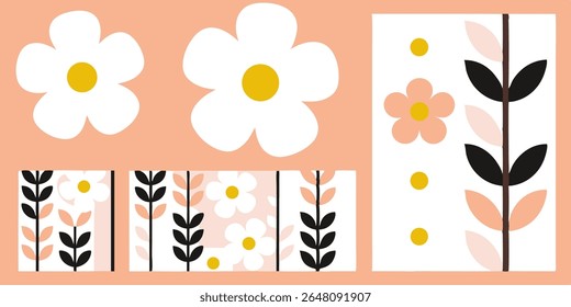 Flat floral arrangement with boxed sections on peach background. Features minimal flowers and leaves in soft, warm tones.