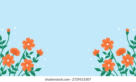 Fondo floral plano con flores de color naranja y espacio de copia en azul para el diseño de Anuncio de primavera verano.