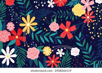 Flat floral beautiful background. Botanical seamless pattern . Sketch drawing. Design for fashion , fabric, textile, wallpaper, cover, web , wrapping and all prints