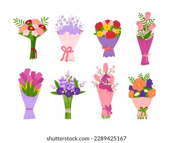 Flat floral bouquet set. Gift with flower blossom, bunch of plants and blooming leaves, garden decor with botanical leaf. Pink and red tulips and roses. Isolated vector utter illustration