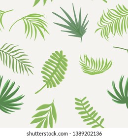 Flat floral composition from green tone tropical branch seamless vector pattern on the white background.