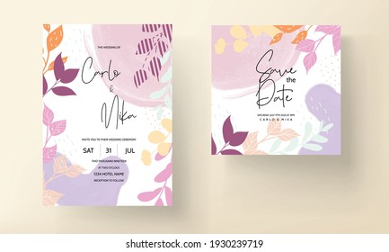 Flat floral design wedding invitation with spring leaves and background