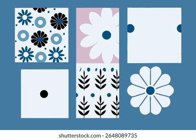 Molduras florais planas e elementos decorativos em um fundo azul, adequado para cartões de saudação, convites ou modelos. Design limpo e moderno.
