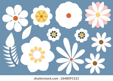 Illustration florale à plat avec un mélange de grandes et petites fleurs blanches sur fond bleu poussiéreux. Design botanique élégant et épuré.