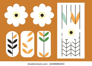 Flat floral layout with bookmarks and vertical flower arrangements in orange and white tones. Stylized vector set with simple line leaves.