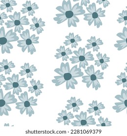 Flaches Blumenmuster-Design. Blaue Blumen auf weißem Hintergrund