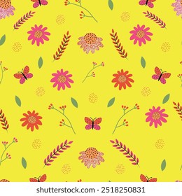 flat floral pattern design with leaves and butterflies isolated in a yellow background
