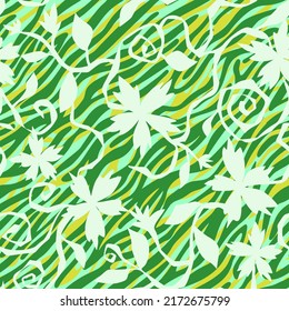 Flat floral seamless pattern. Silhouettes of blooming flowers and plants in vintage style with striped animal zebra skin background. Elegant botanical drawing made of simple spring flowers.