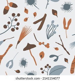 Flat floral seamless pattern. Simple autumn texture. Nature element silhouettes graphic design. Seeds, berries, mushroom, dry flowers. Hand drawn vector botany surface. Modern fall seasonal decor