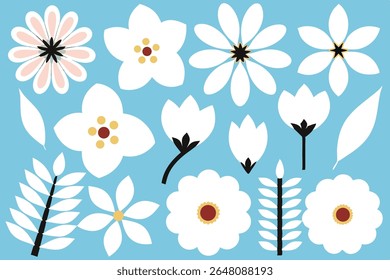 Flat floral vector set on blue background featuring white and pink daisy-like flowers and simple leaves. Minimalist botanical design.
