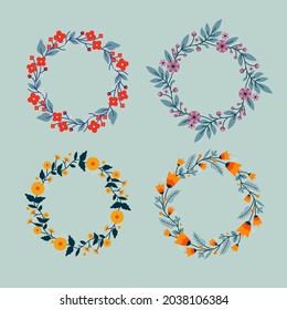 Flat Floral Wreath Set Vector Illustration.