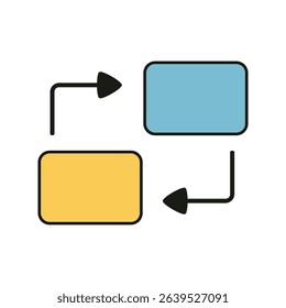 Flat flowchart diagram icon with connected yellow and blue blocks and arrows on white background