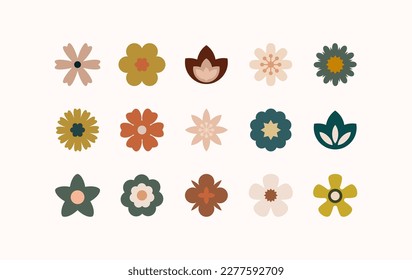 Flat flower color icons set. Simple flower silhouette. Retro aesthetic elements. Vector illustration.